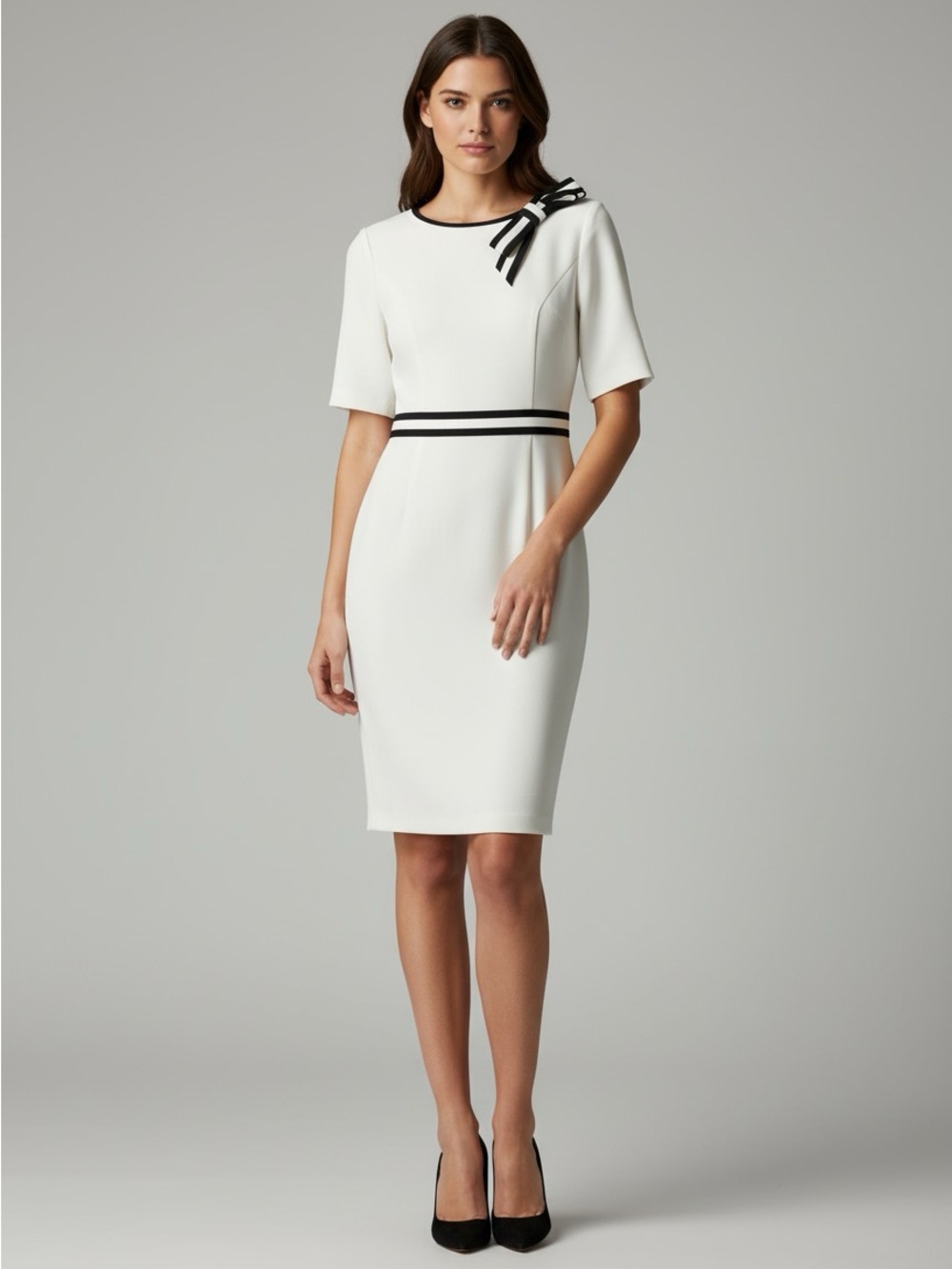 Adrianna Papell White Midi Sheath Dress with Black Trim